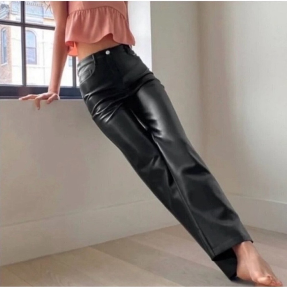 Aritzia Wilfred Black Vegan Leather Straight Leg Pants SZ 0 - Picture 3 of 4
